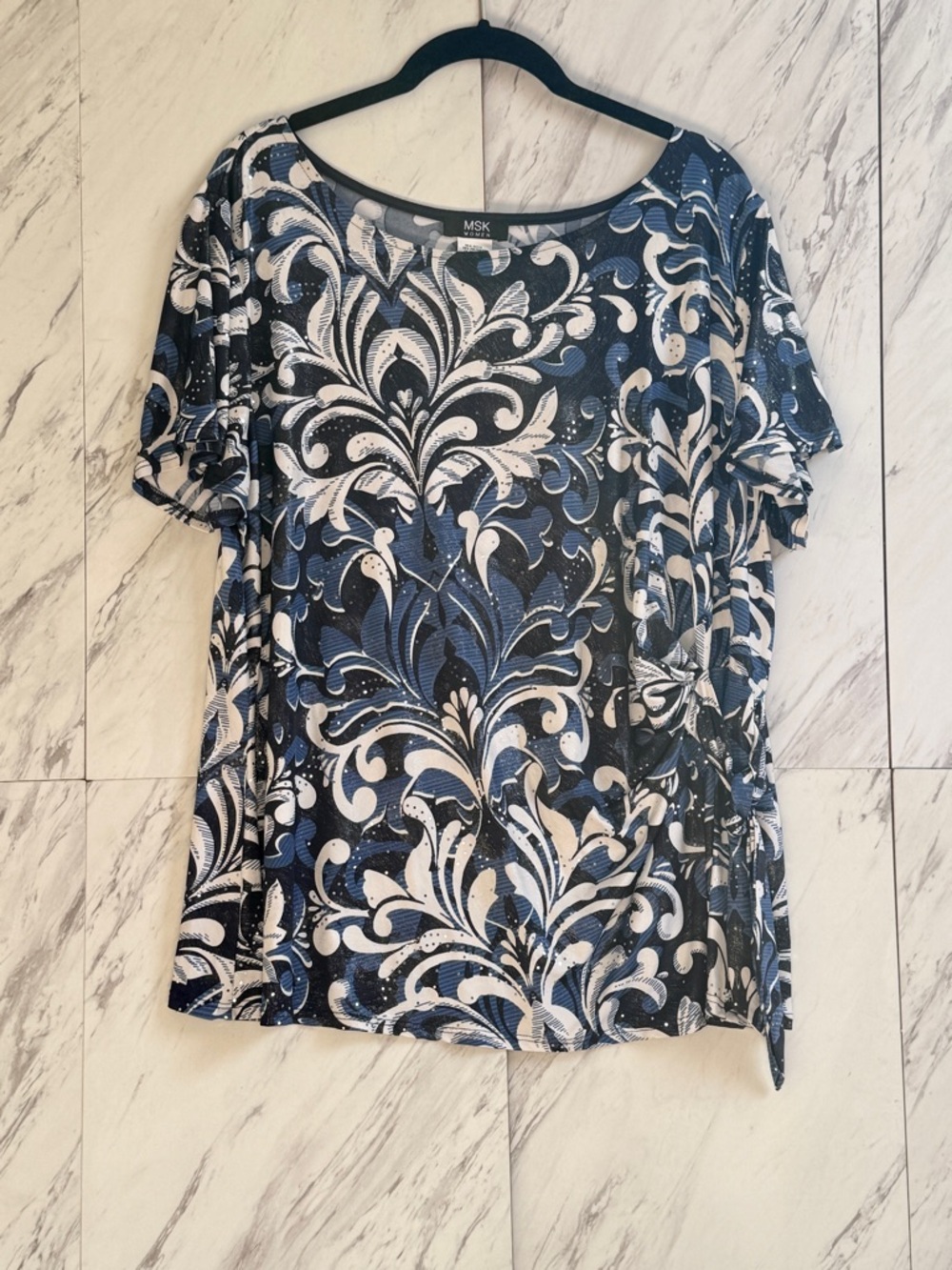 MSK Women Stretch Side Tie Swirl Print Jersey Short Sleeve Blouse Top SZ 2X